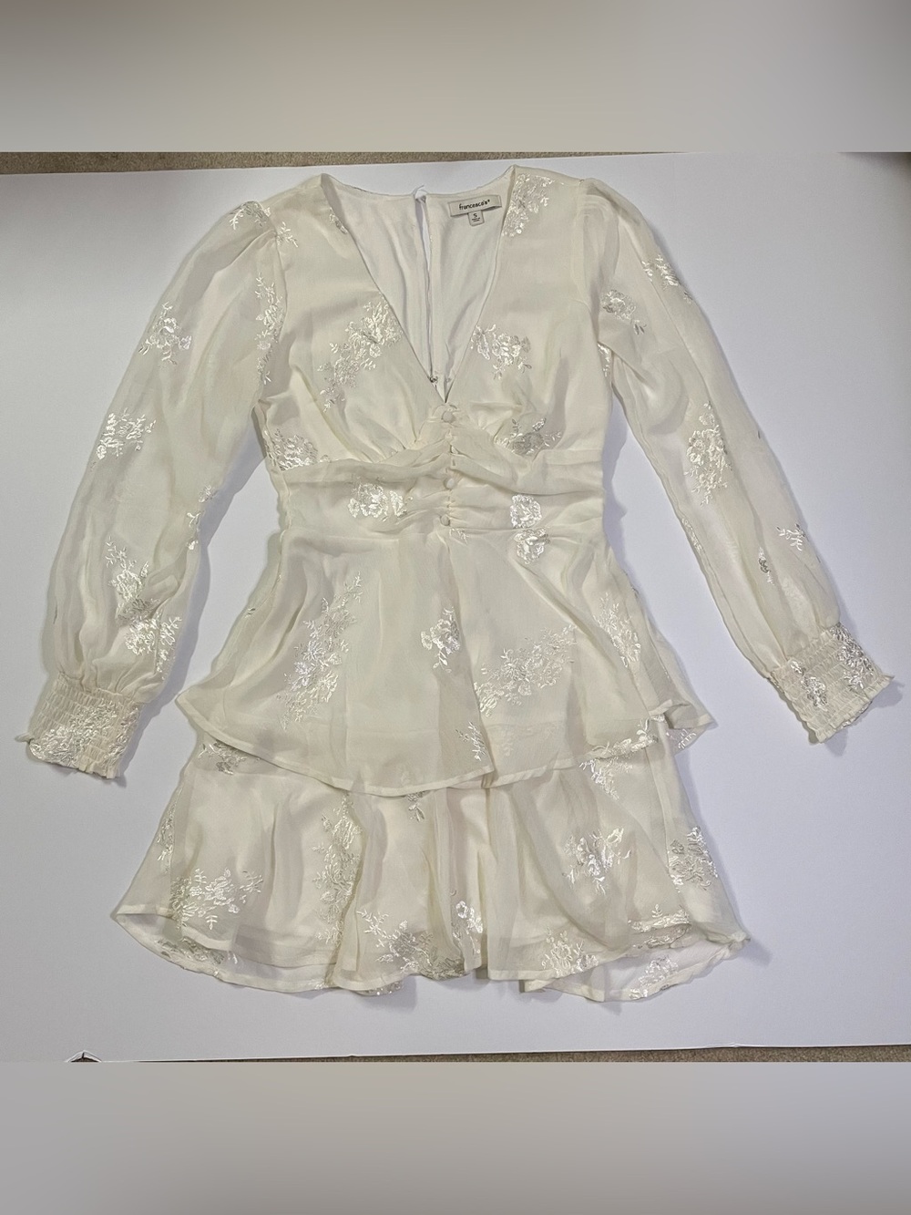 Francesca’s Ivory Lace Mid Length Fairycore Dress with Sheer Sleeves size S